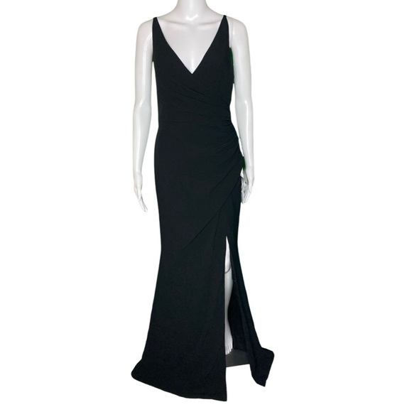 NWT Dress the Population Black Jordan Ruched Side Front Slit Gown - Sz M - Picture 3 of 9